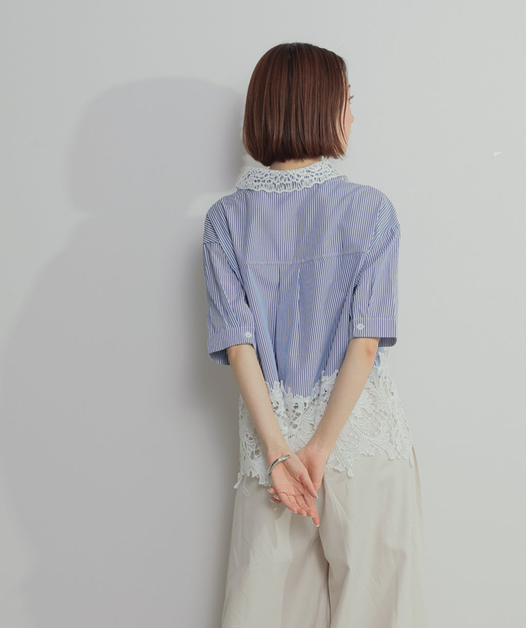 【SET】レースドッキングストライプシャツ+タックワイドパンツ(2set)