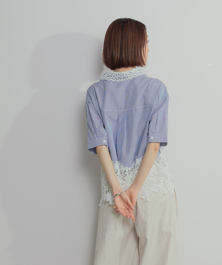 【SET】レースドッキングストライプシャツ+タックワイドパンツ(2set)