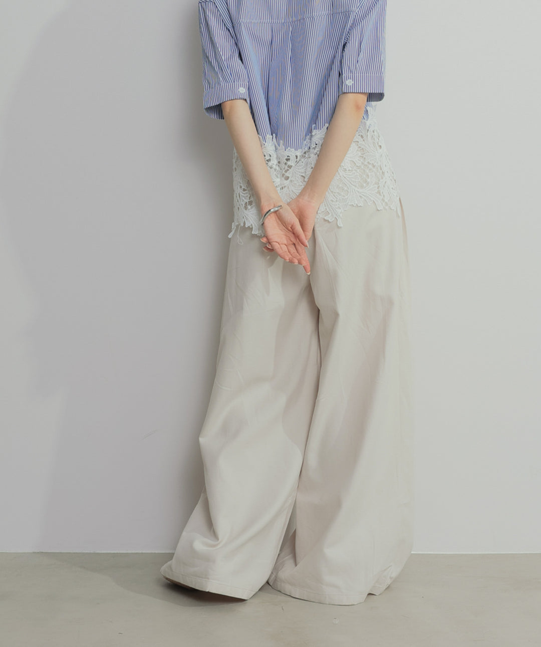 【SET】レースドッキングストライプシャツ+タックワイドパンツ(2set)