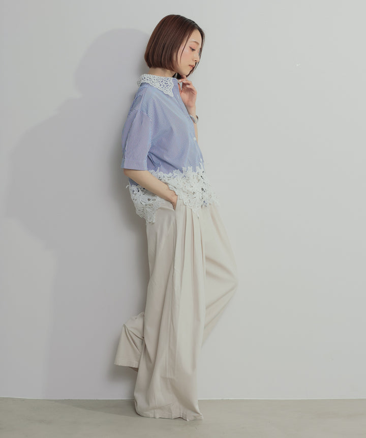 【SET】レースドッキングストライプシャツ+タックワイドパンツ(2set)