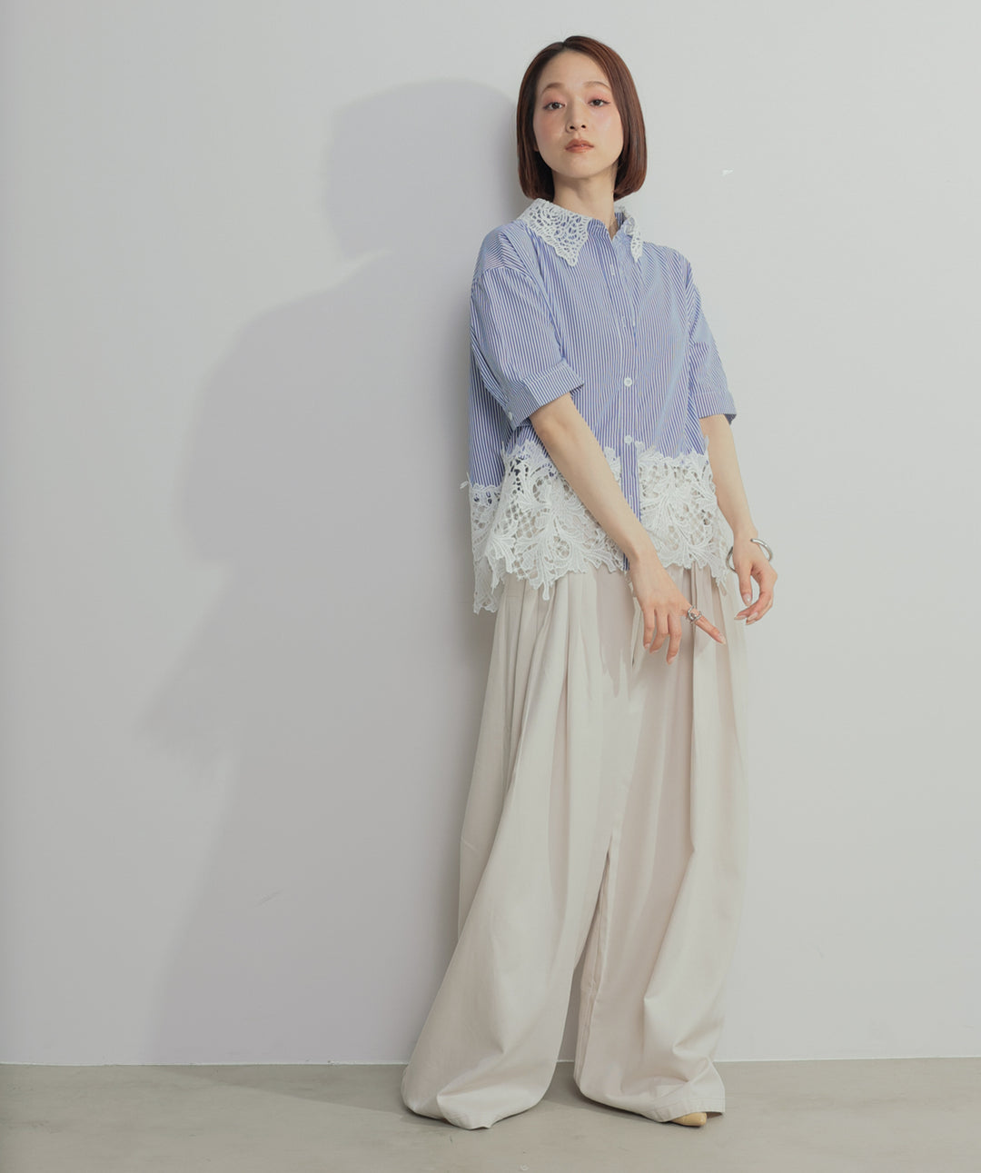 【SET】レースドッキングストライプシャツ+タックワイドパンツ(2set)