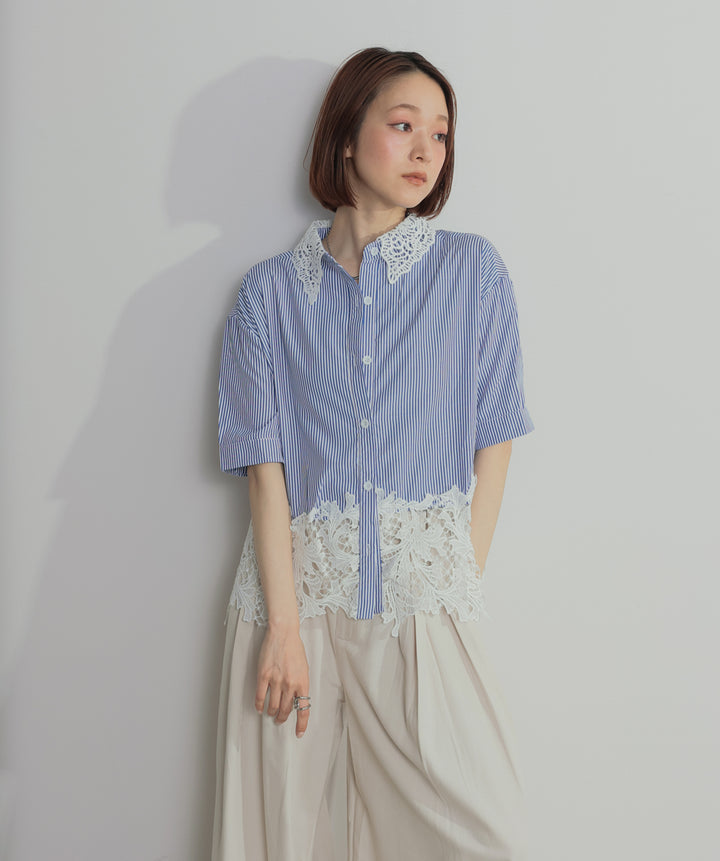 【SET】レースドッキングストライプシャツ+タックワイドパンツ(2set)
