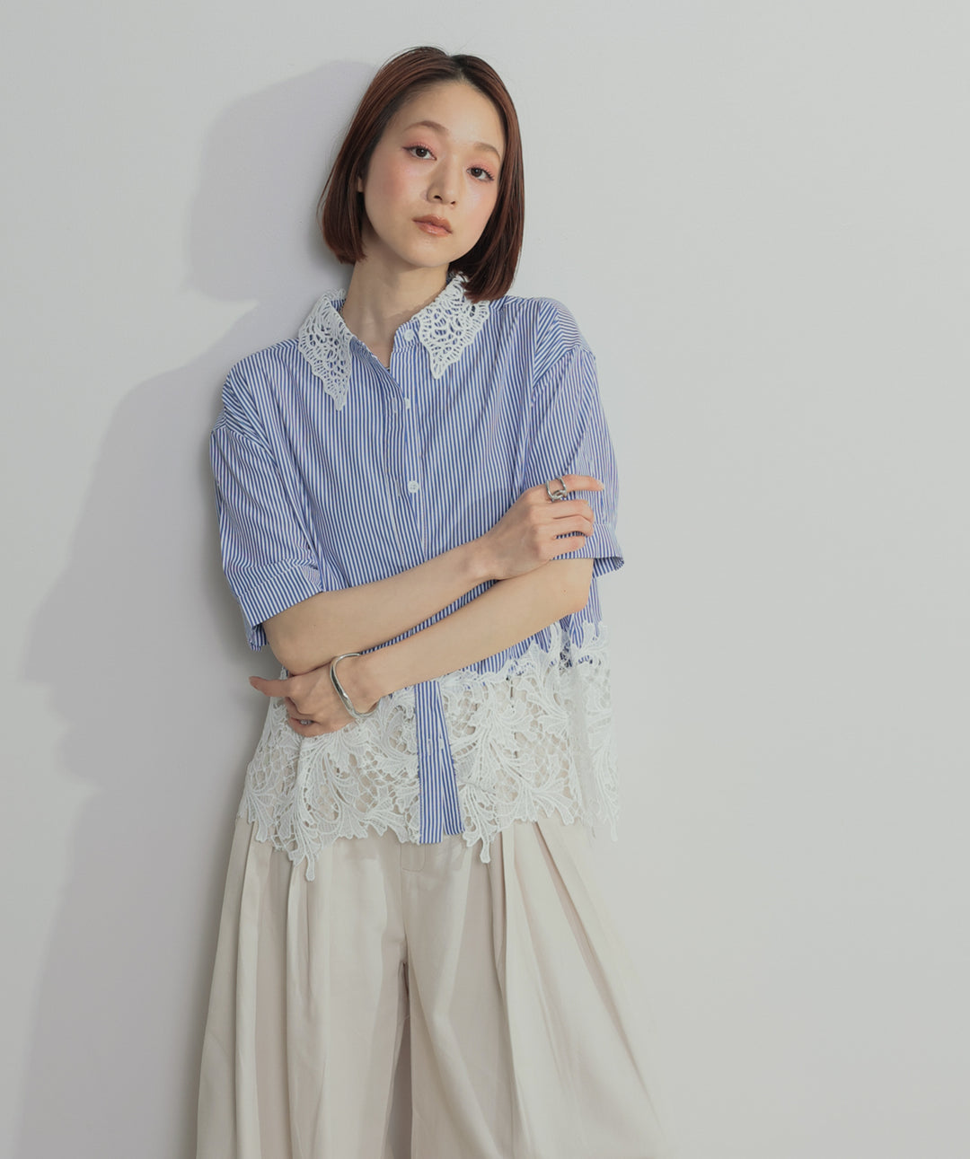 【SET】レースドッキングストライプシャツ+タックワイドパンツ(2set)