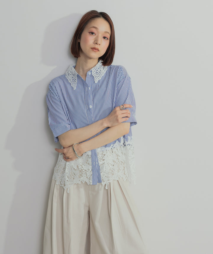 【SET】レースドッキングストライプシャツ+タックワイドパンツ(2set)