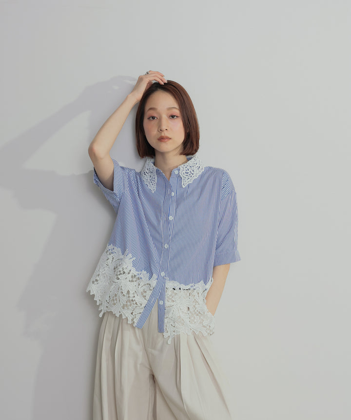 【SET】レースドッキングストライプシャツ+タックワイドパンツ(2set)