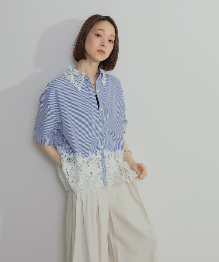 【SET】レースドッキングストライプシャツ+タックワイドパンツ(2set)