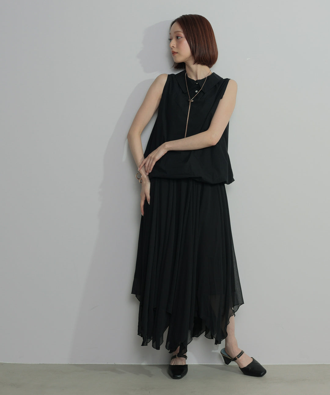 【SET】バルーンヘムシャツブラウス+シアーフレアスカート(2set)