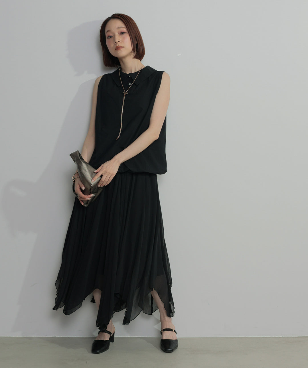 【SET】バルーンヘムシャツブラウス+シアーフレアスカート(2set)