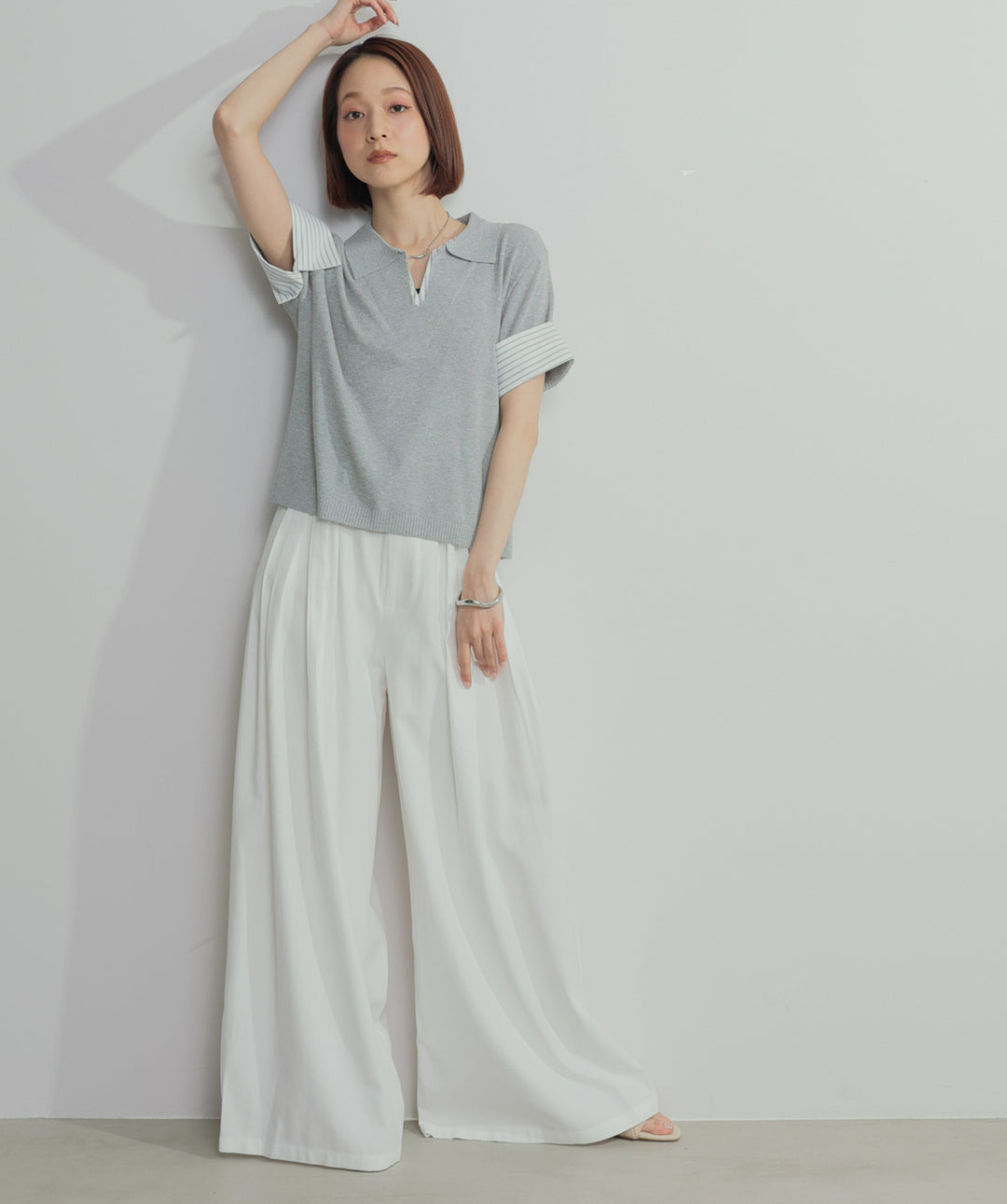 【SET】レイヤードポロニットトップス+タックワイドパンツ(2set)