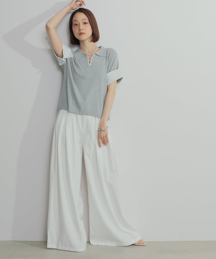 【SET】レイヤードポロニットトップス+タックワイドパンツ(2set)