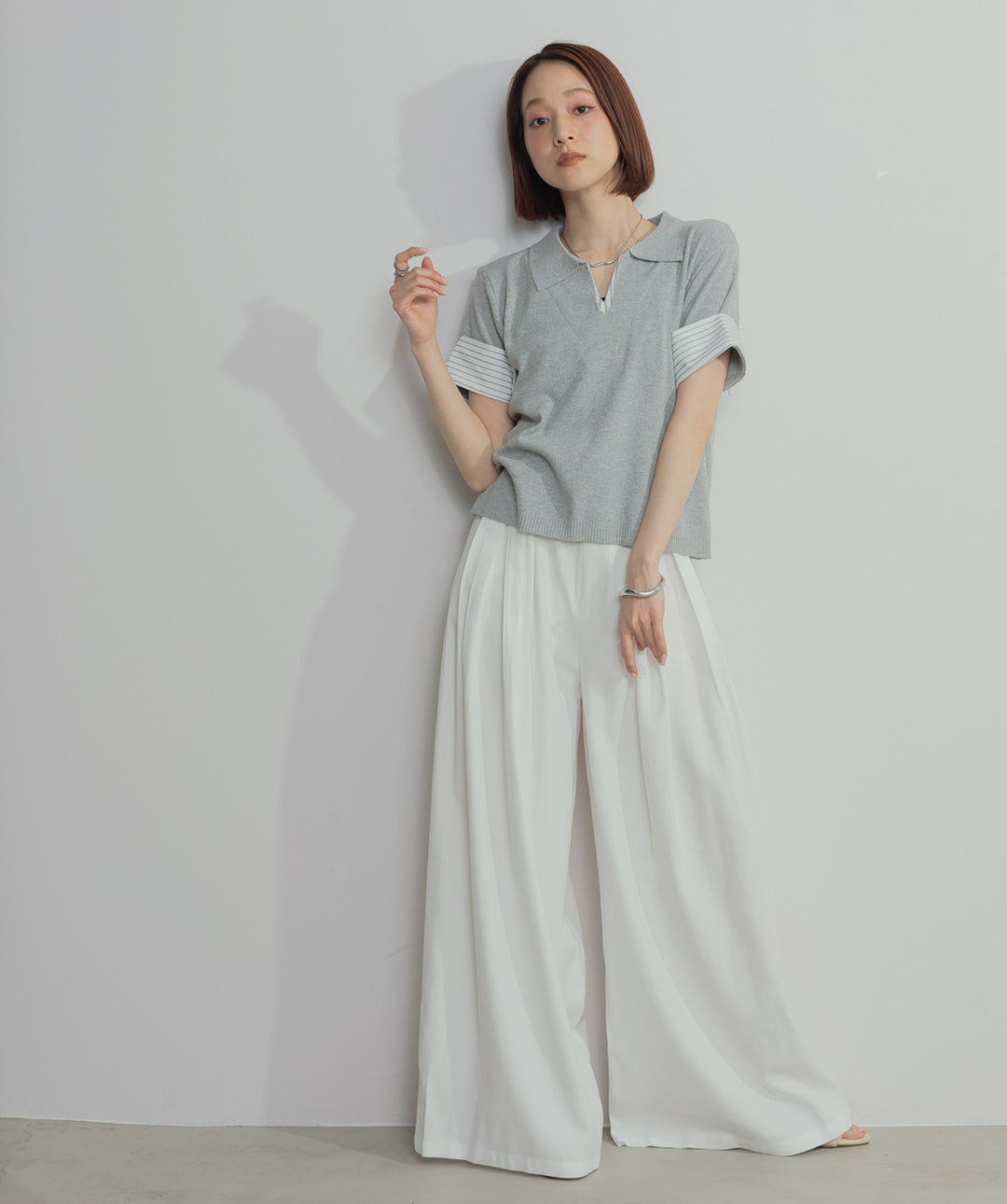 【SET】レイヤードポロニットトップス+タックワイドパンツ(2set)