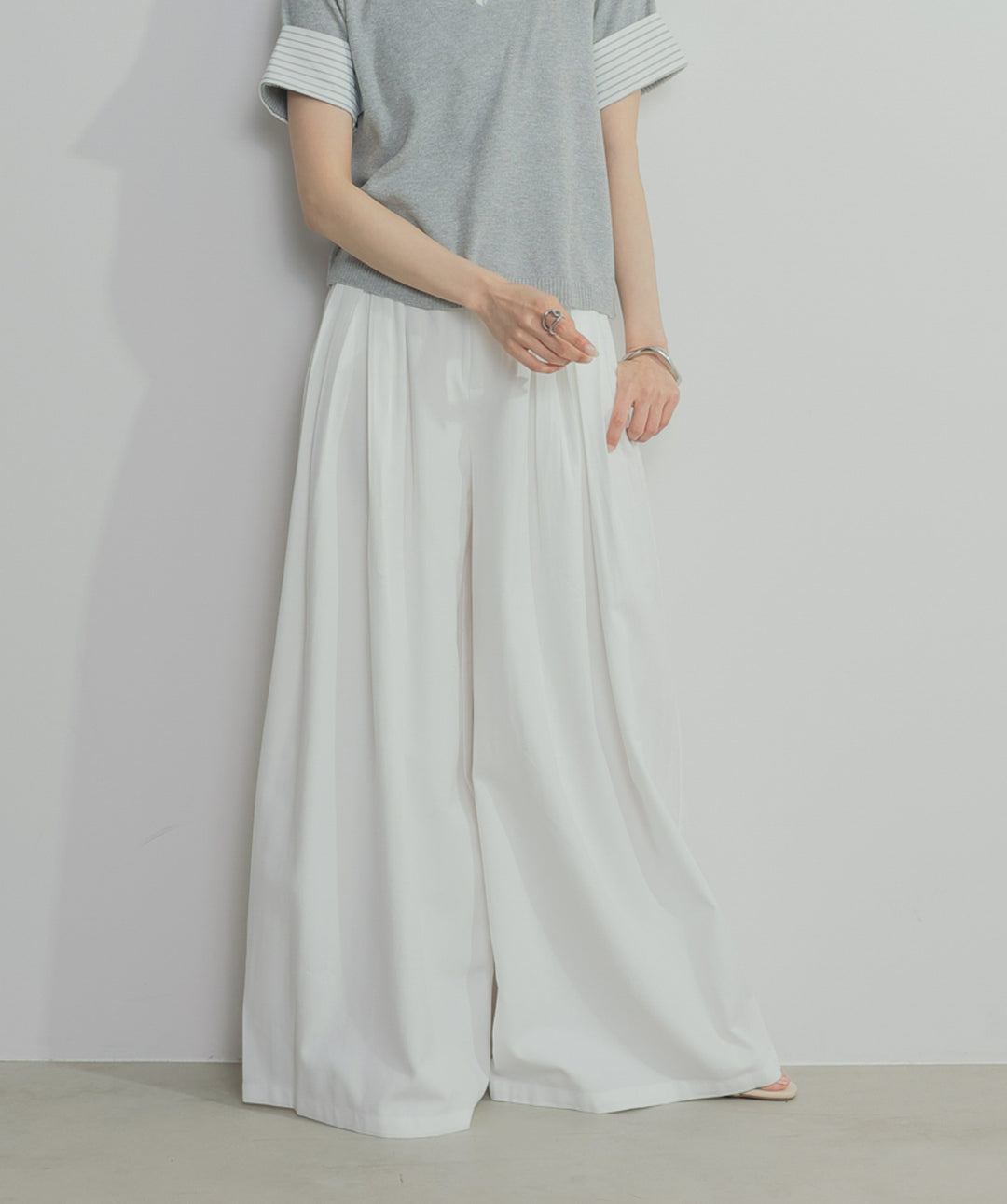 【SET】レイヤードポロニットトップス+タックワイドパンツ(2set)