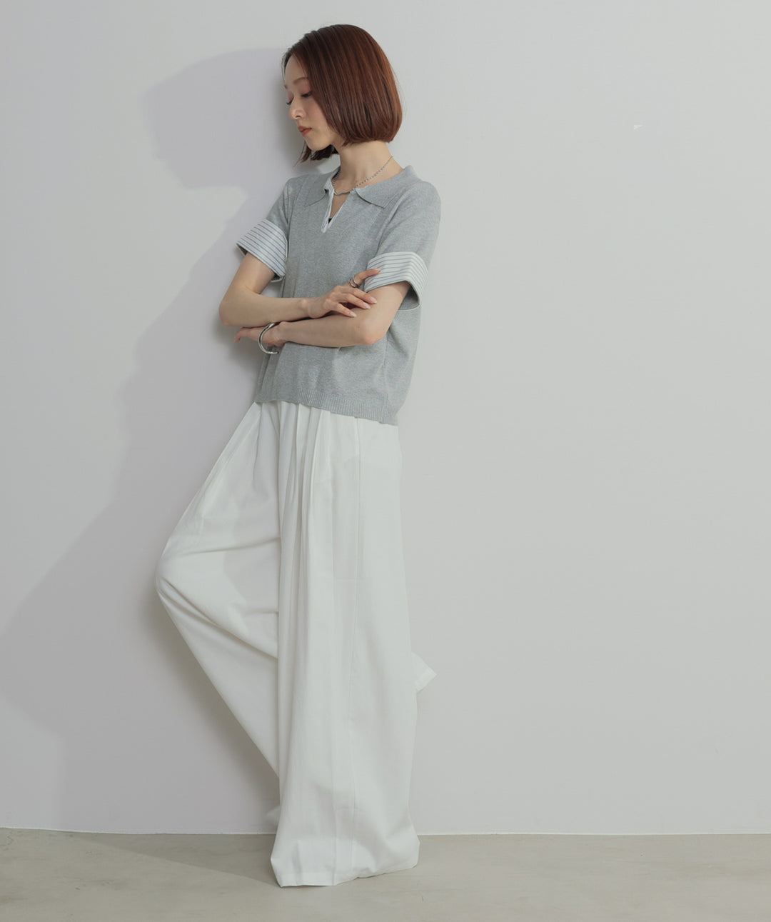 【SET】レイヤードポロニットトップス+タックワイドパンツ(2set)