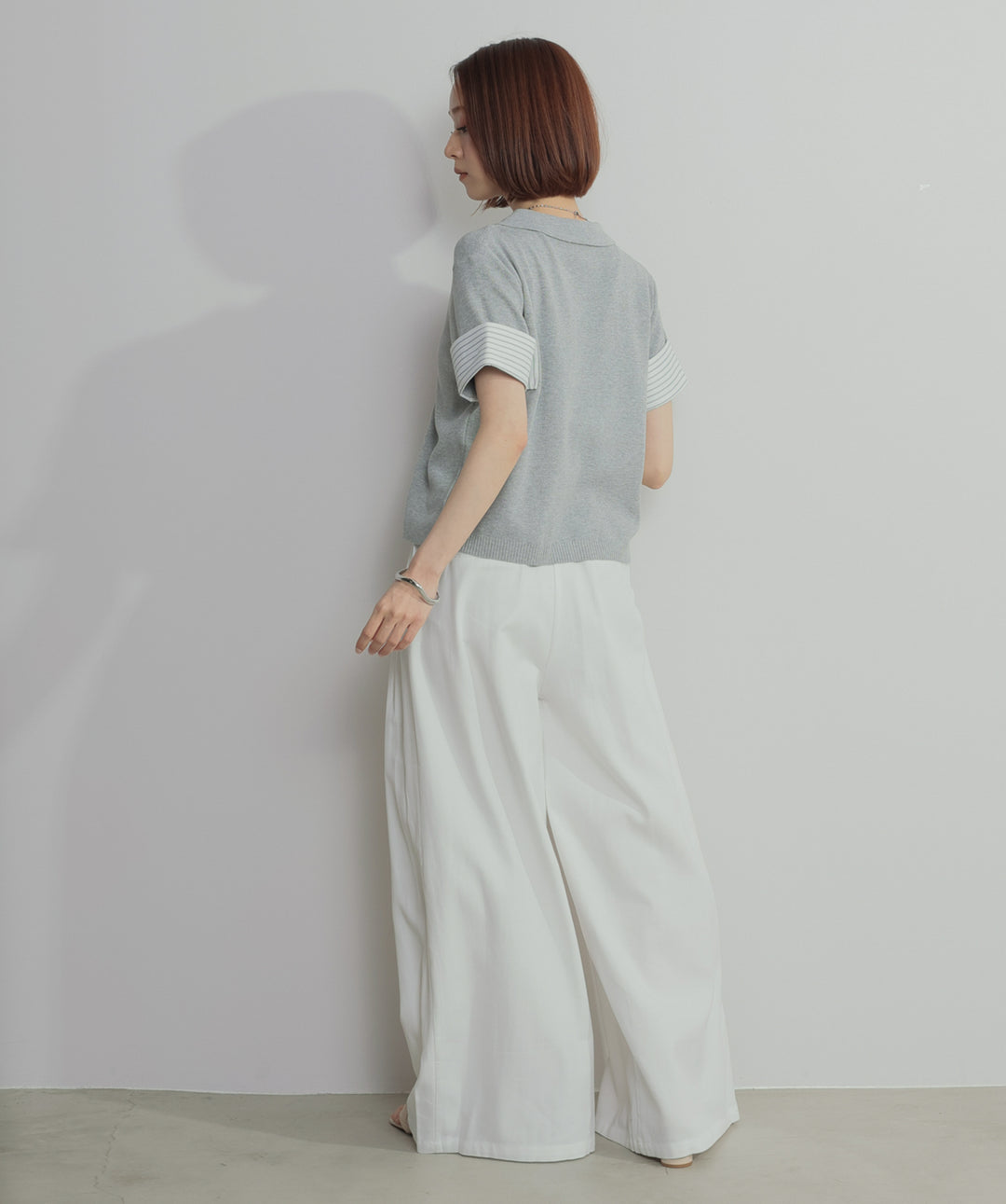 【SET】レイヤードポロニットトップス+タックワイドパンツ(2set)