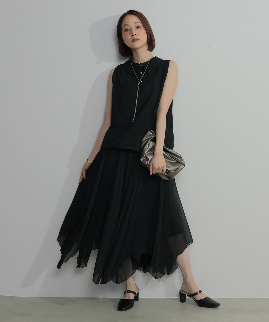 【SET】バルーンヘムシャツブラウス+シアーフレアスカート(2set)