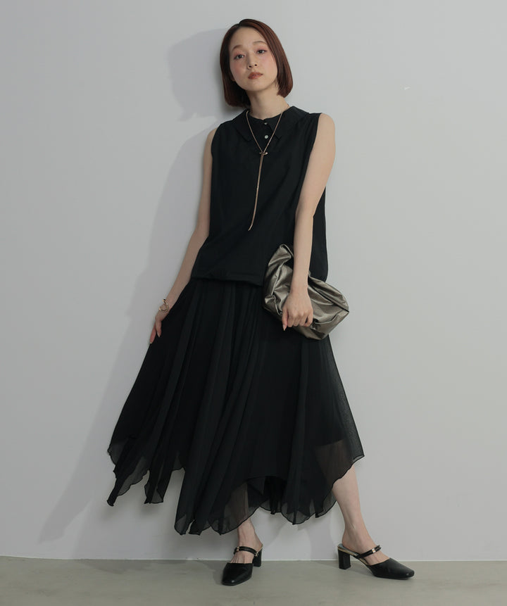 【SET】バルーンヘムシャツブラウス+シアーフレアスカート(2set)