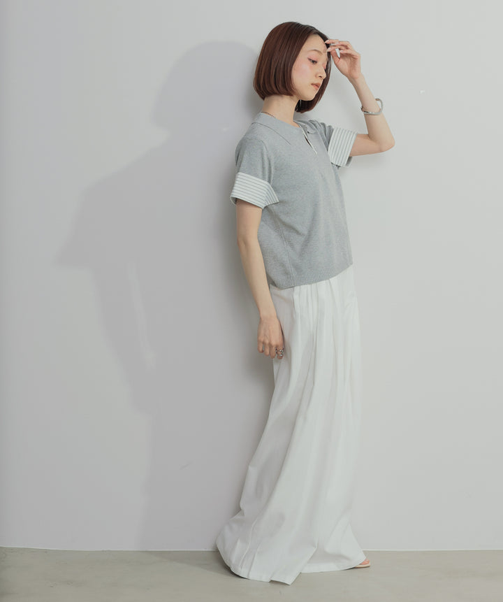【SET】レイヤードポロニットトップス+タックワイドパンツ(2set)