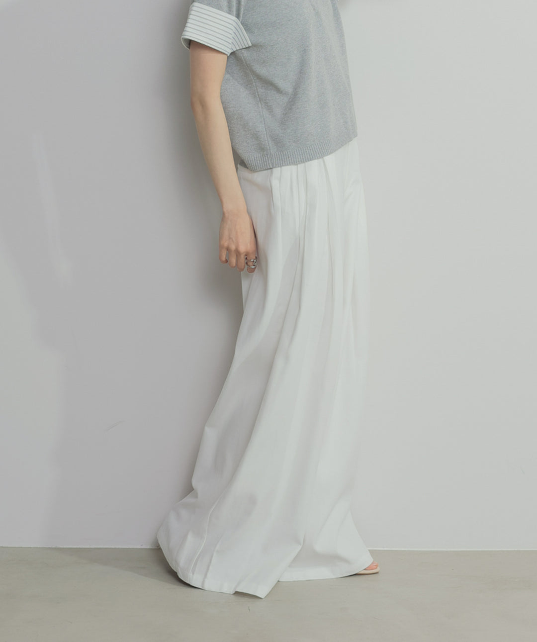 【SET】レイヤードポロニットトップス+タックワイドパンツ(2set)