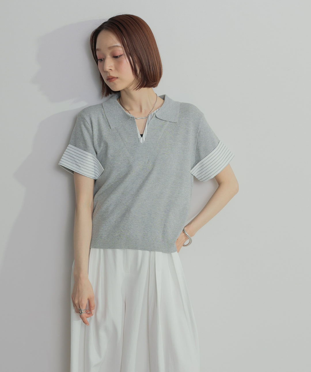 【SET】レイヤードポロニットトップス+タックワイドパンツ(2set)