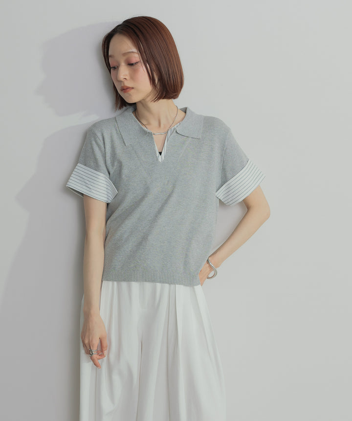 【SET】レイヤードポロニットトップス+タックワイドパンツ(2set)