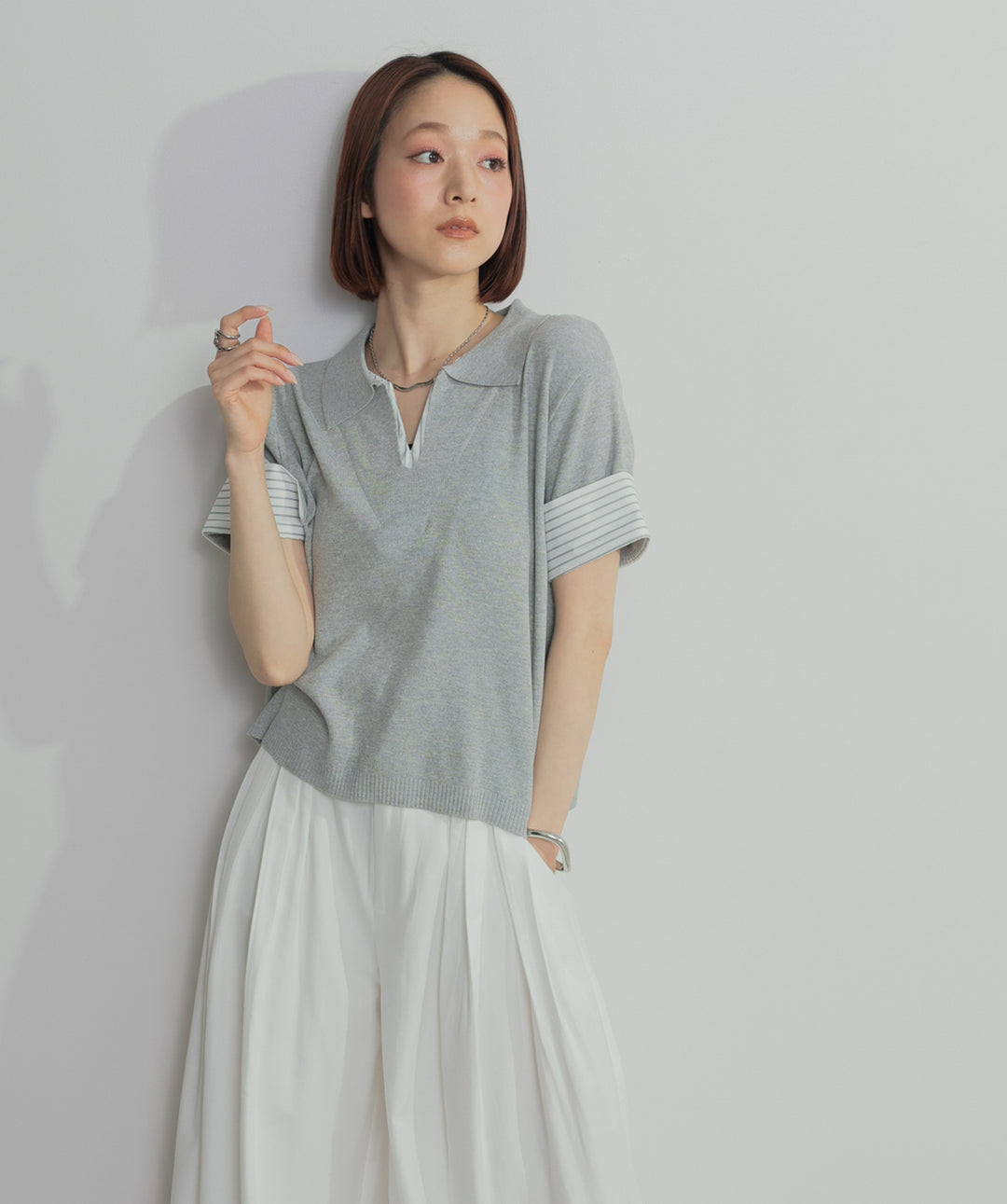 【SET】レイヤードポロニットトップス+タックワイドパンツ(2set)