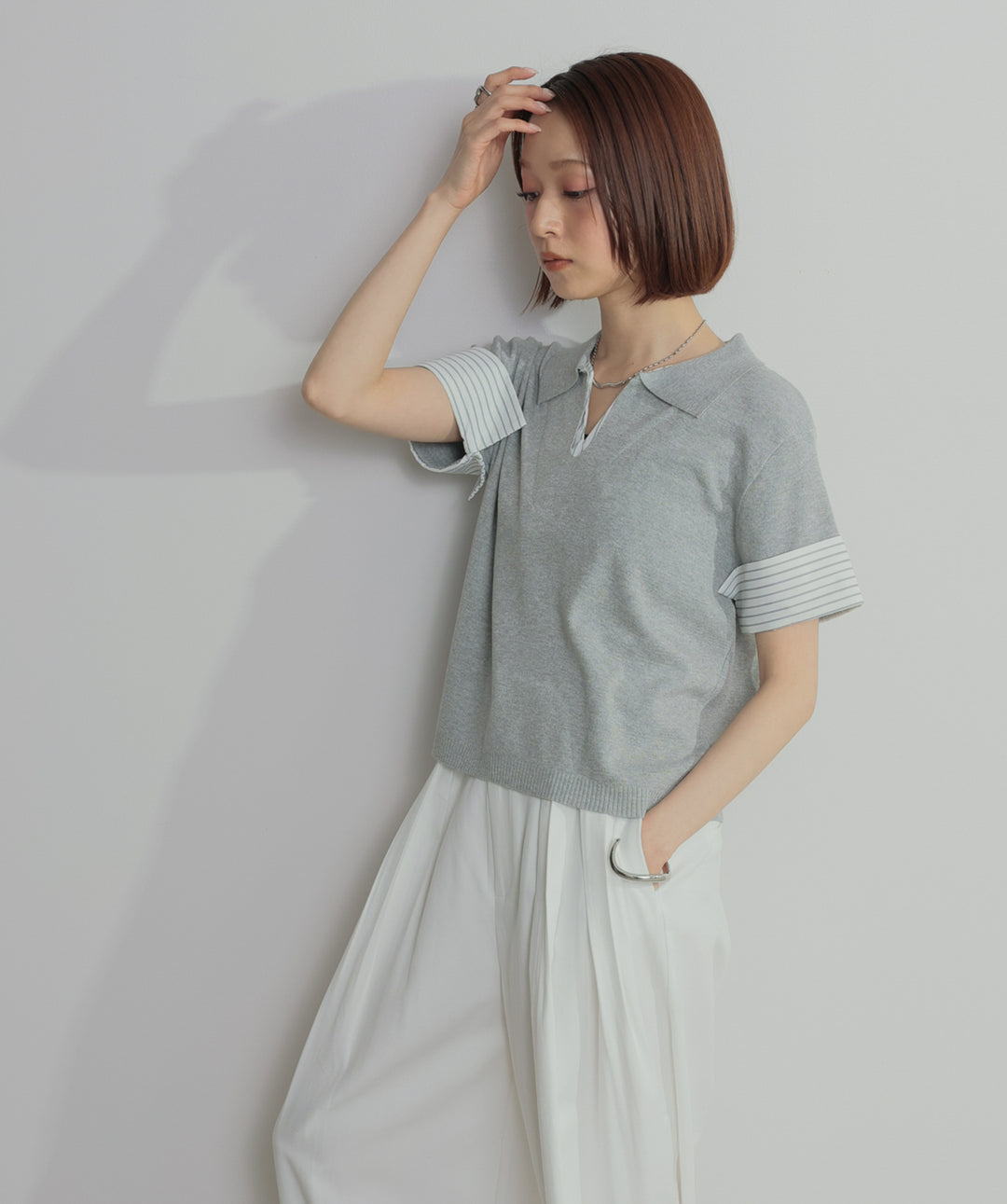 【SET】レイヤードポロニットトップス+タックワイドパンツ(2set)