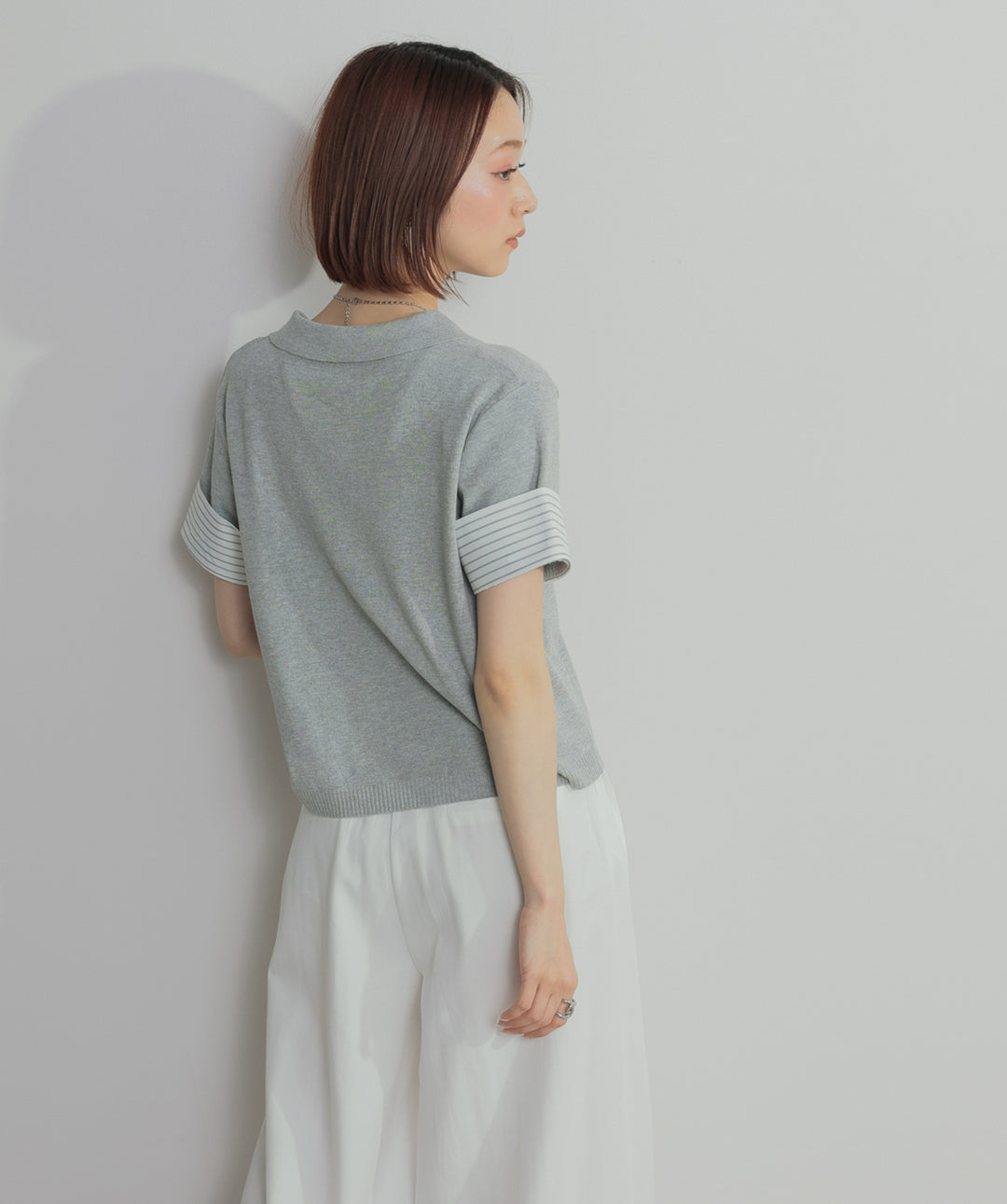 【SET】レイヤードポロニットトップス+タックワイドパンツ(2set)