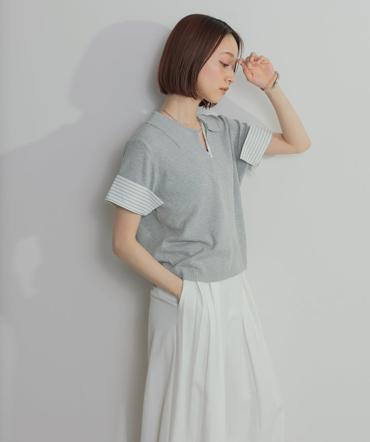 【SET】レイヤードポロニットトップス+タックワイドパンツ(2set)