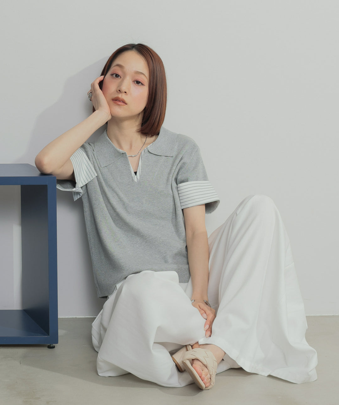 【SET】レイヤードポロニットトップス+タックワイドパンツ(2set)