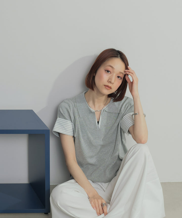 レイヤードポロニットトップス