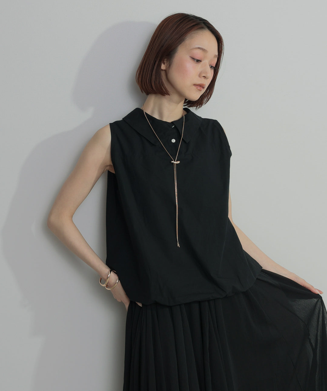 【SET】バルーンヘムシャツブラウス+シアーフレアスカート(2set)