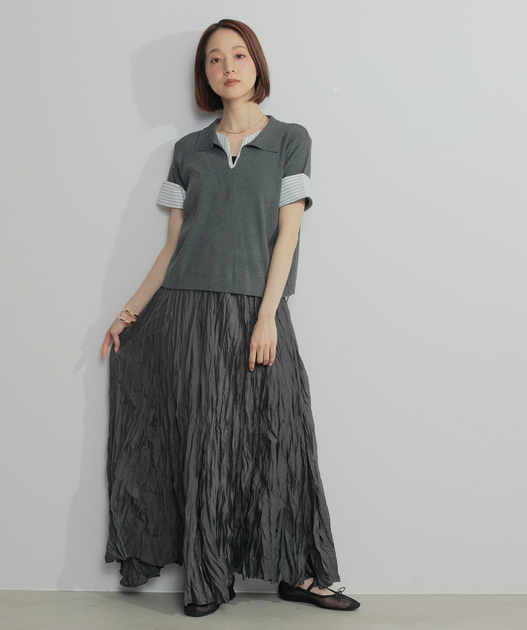 レイヤードポロニットトップス