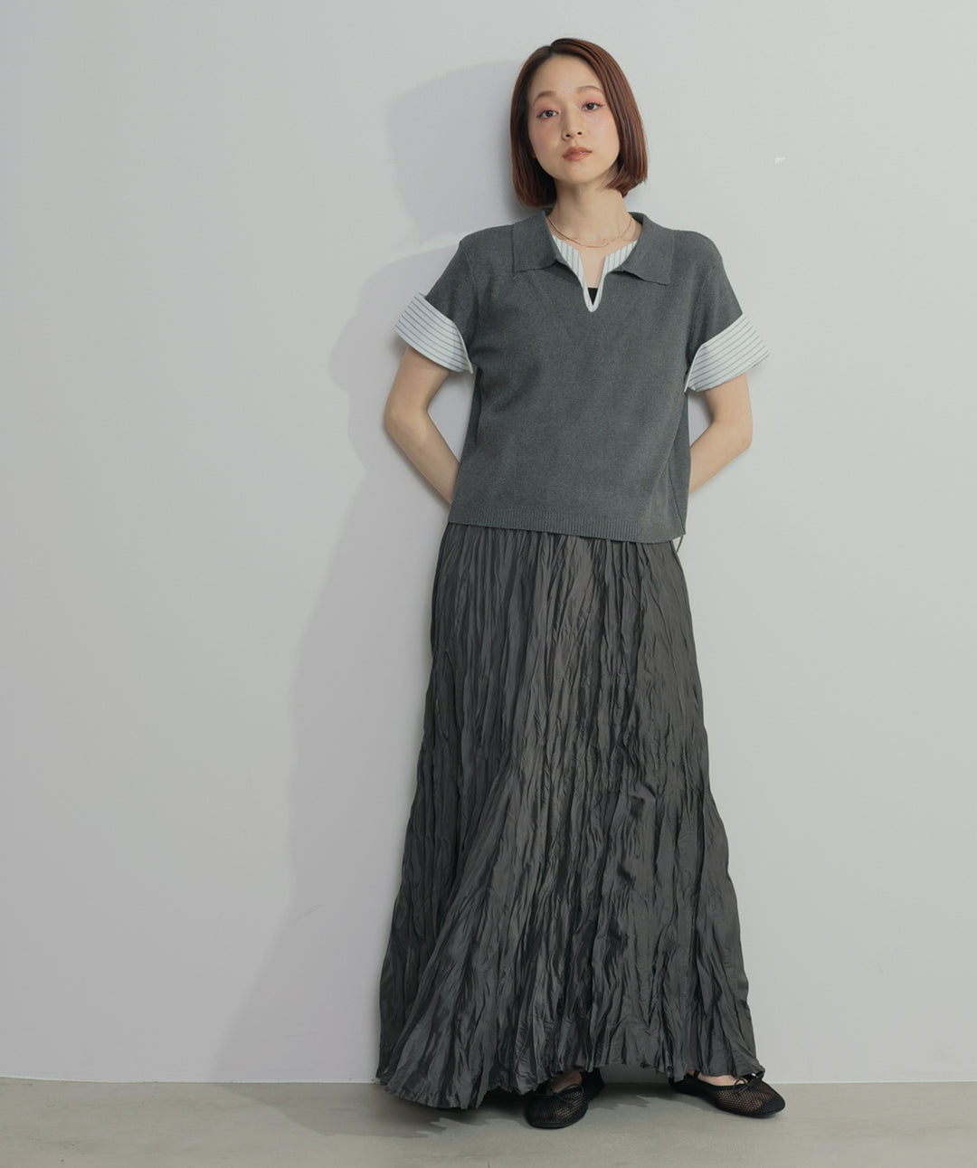 レイヤードポロニットトップス