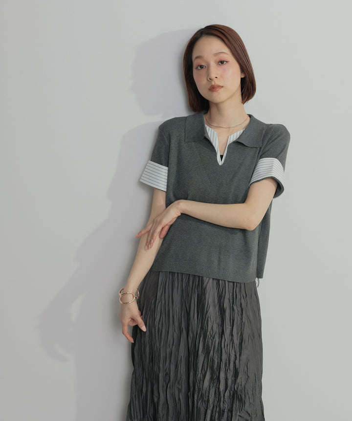 レイヤードポロニットトップス