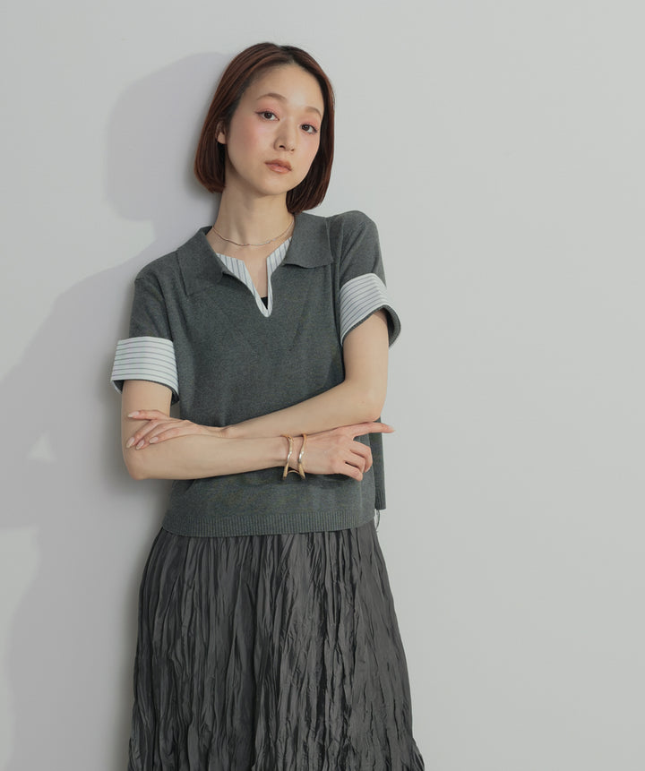 レイヤードポロニットトップス