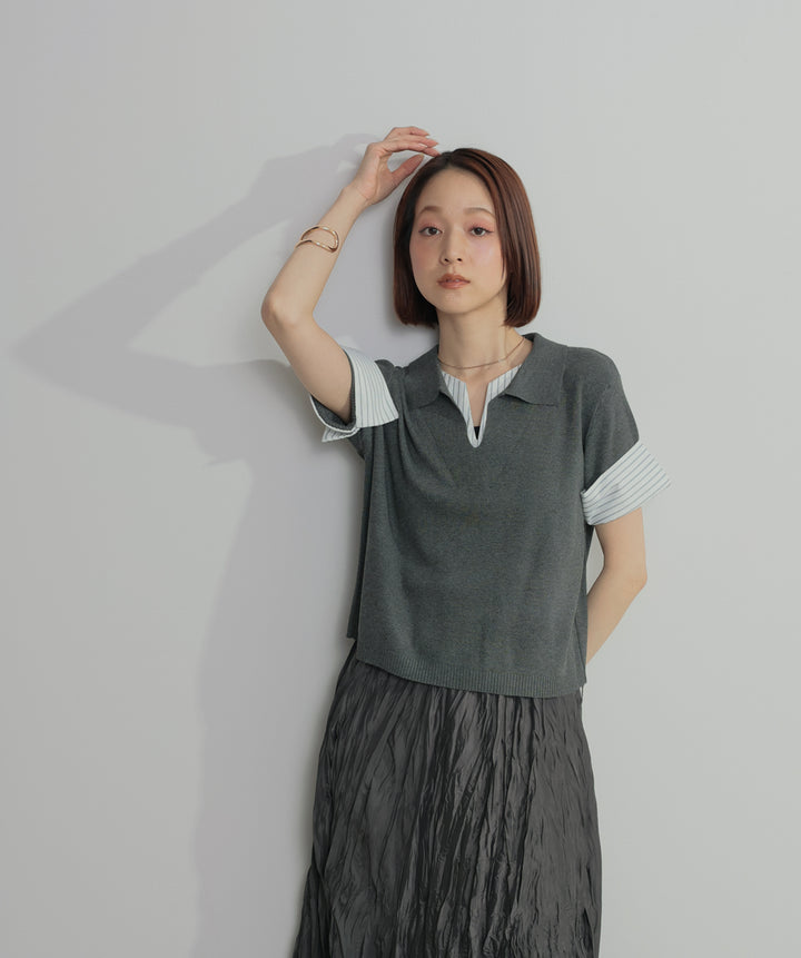 レイヤードポロニットトップス