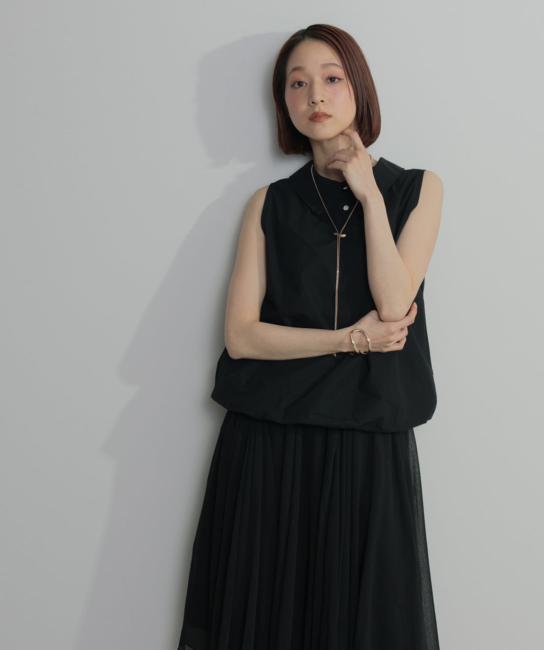 【SET】バルーンヘムシャツブラウス+シアーフレアスカート(2set)