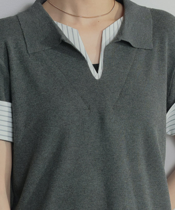 レイヤードポロニットトップス