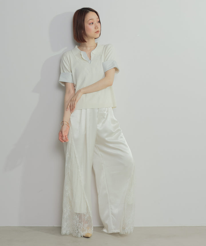 レイヤードポロニットトップス