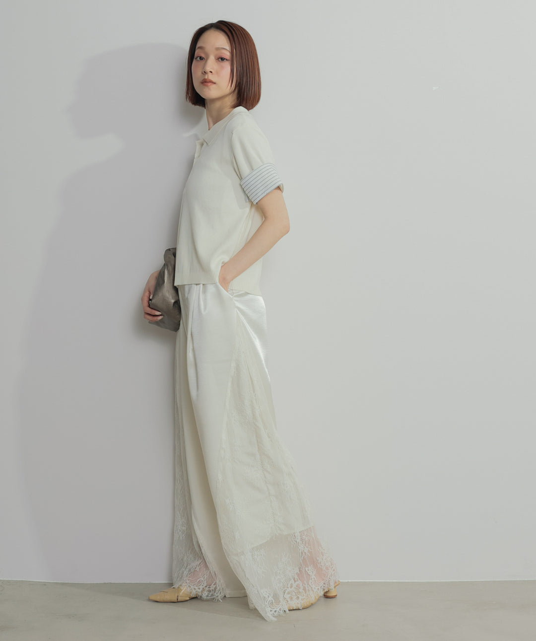 レイヤードポロニットトップス