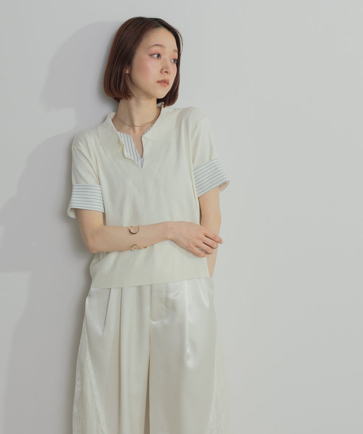 レイヤードポロニットトップス