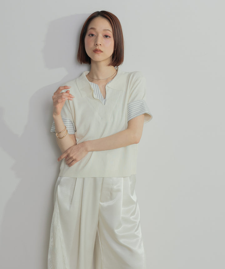 レイヤードポロニットトップス