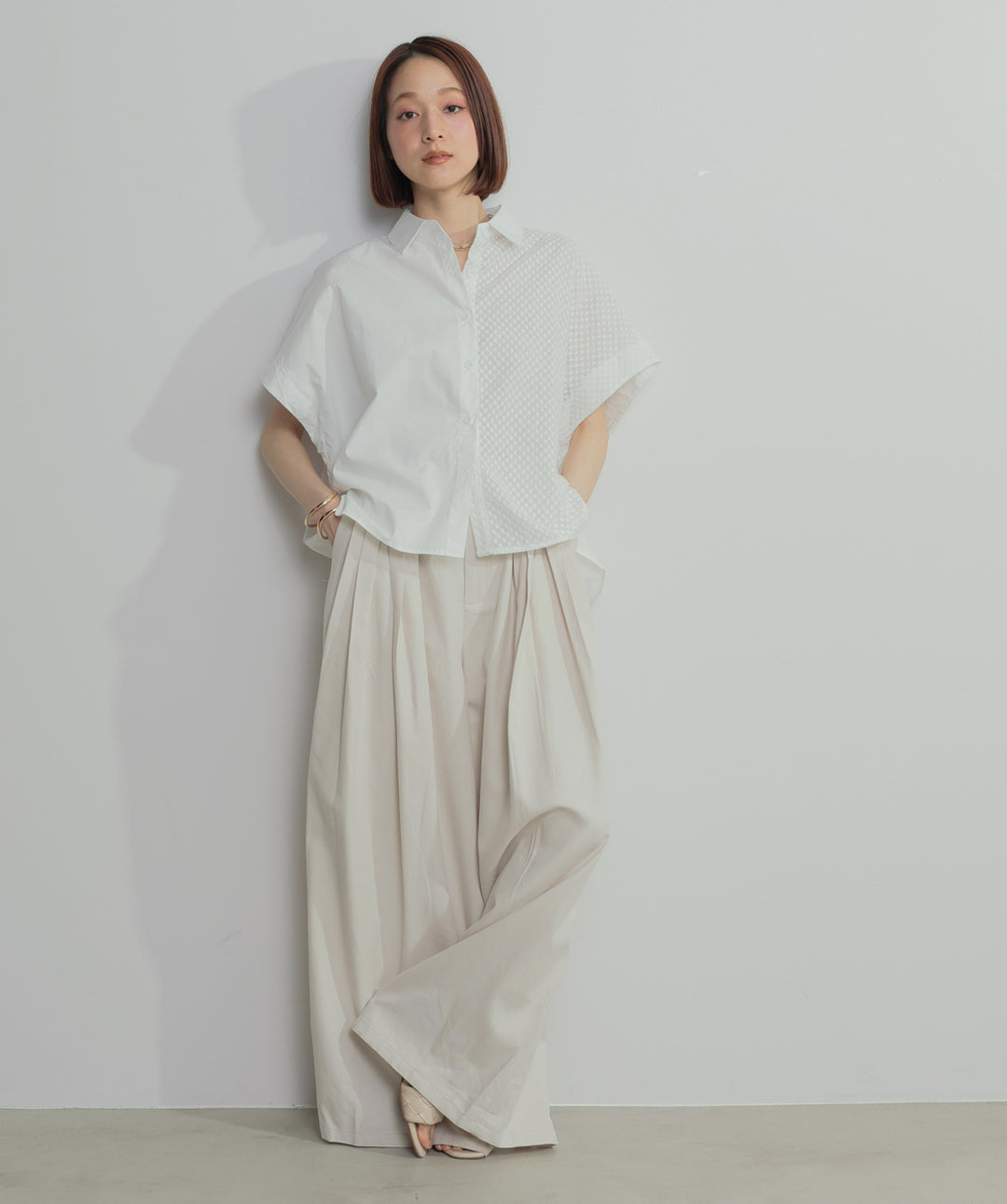 【SET】アシンメトリーデザインシャツブラウス+タックワイドパンツ(2set)