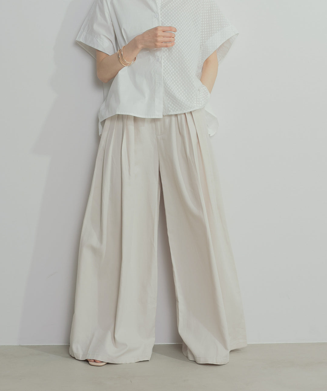 【SET】アシンメトリーデザインシャツブラウス+タックワイドパンツ(2set)