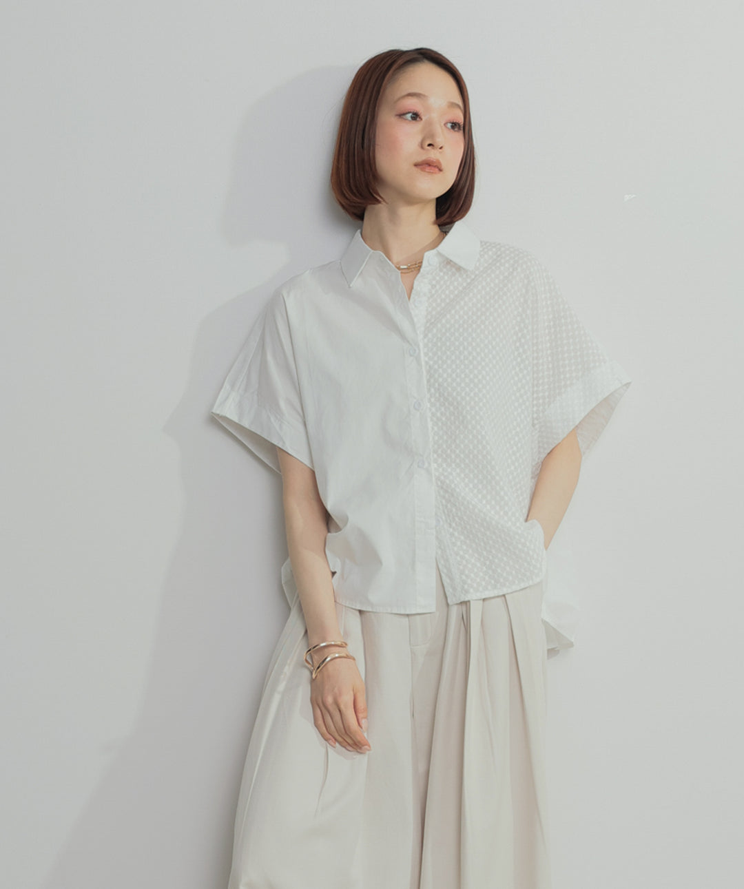 【SET】アシンメトリーデザインシャツブラウス+タックワイドパンツ(2set)