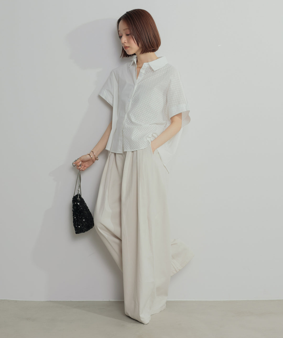 【SET】アシンメトリーデザインシャツブラウス+タックワイドパンツ(2set)