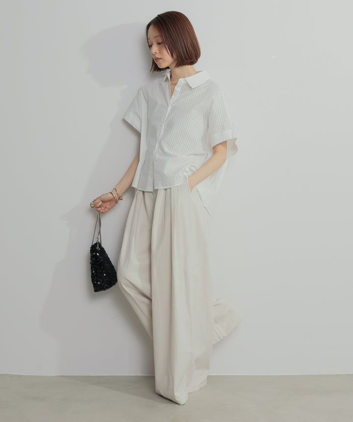【SET】アシンメトリーデザインシャツブラウス+タックワイドパンツ(2set)