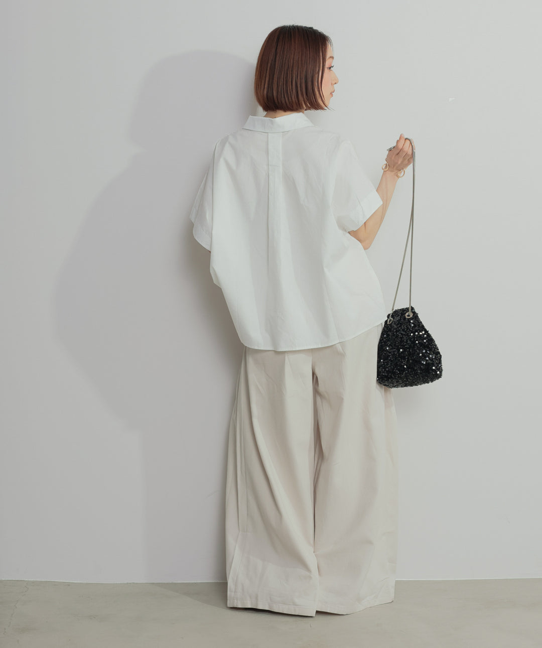 【SET】アシンメトリーデザインシャツブラウス+タックワイドパンツ(2set)