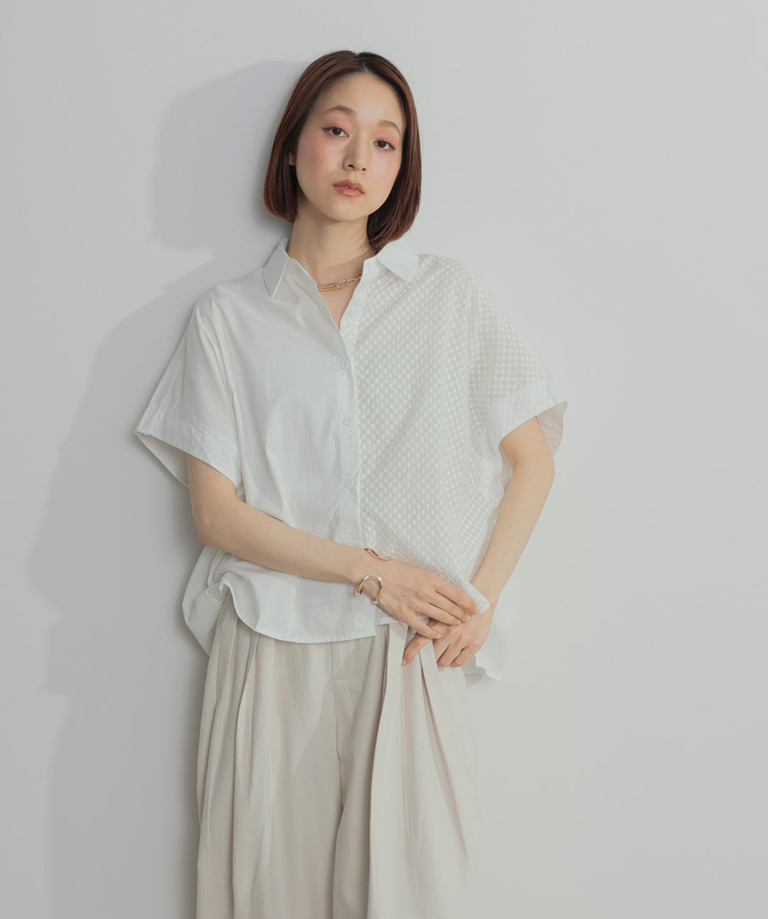 【SET】アシンメトリーデザインシャツブラウス+タックワイドパンツ(2set)