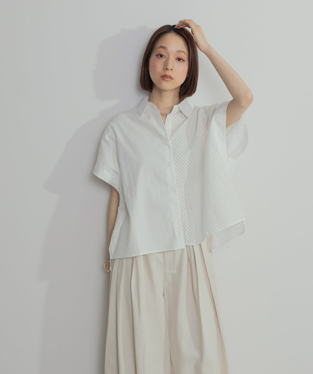 【SET】アシンメトリーデザインシャツブラウス+タックワイドパンツ(2set)